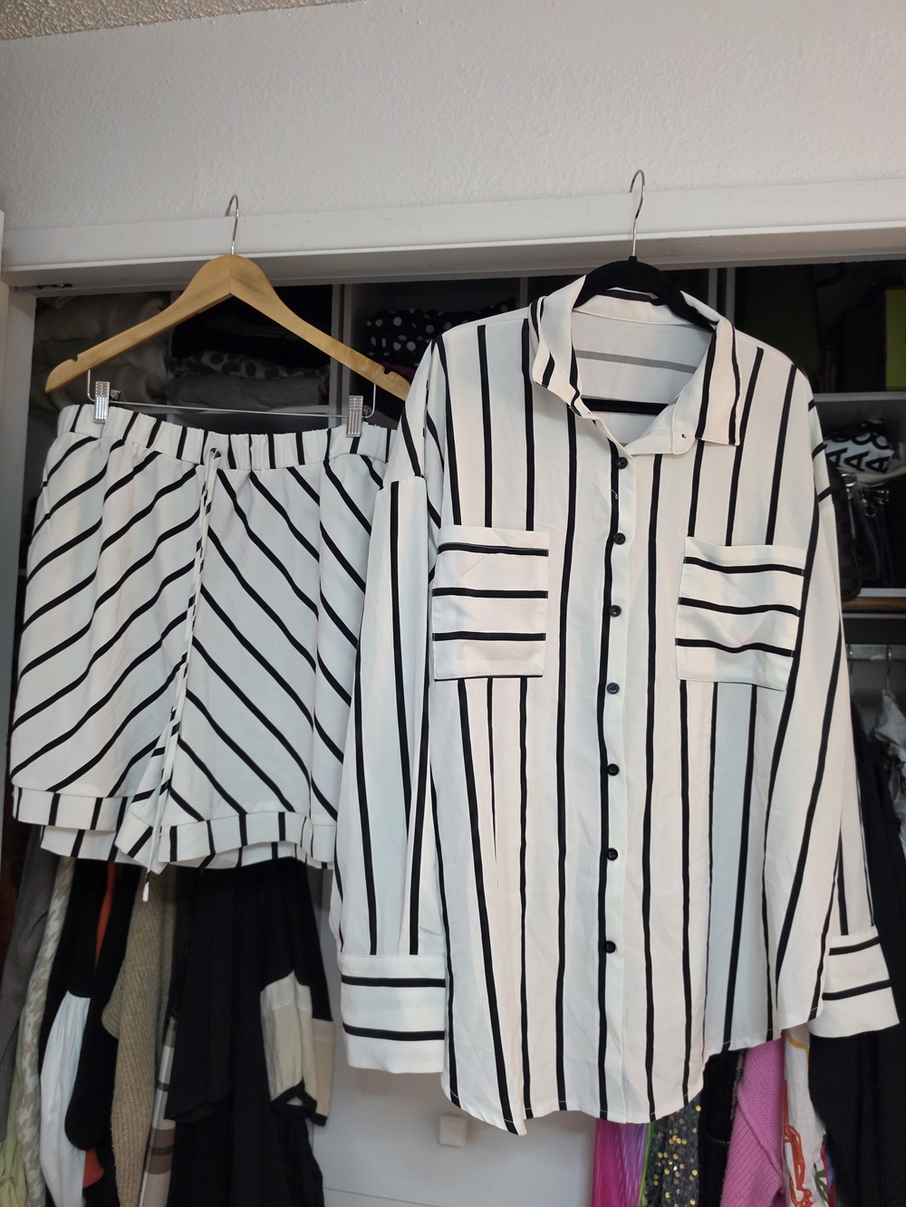 Black and White Striped Button-Up Shirt and Shorts Set